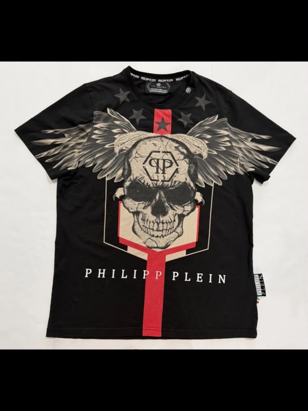 Philipp Plein Rhinestone Crystal Skull Wings Graphic Black T-Shirt Size Large